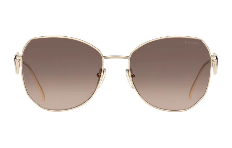 (Women) PRADA  Gold Irregular Shaped Sunglasses with Triangle Metal Logo. SPR57Y-EZVN-F03D0-C-057