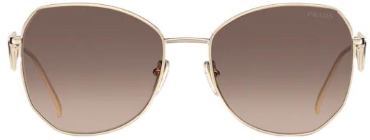 (Women) PRADA Gold Irregular Shaped Sunglasses with Triangle Metal Logo. SPR57Y-EZVN-F03D0-C-057 (Women) PRADA Gold Irregular Shaped Sunglasses with Triangle Metal Logo. SPR57Y-EZVN-F03D0-C-057