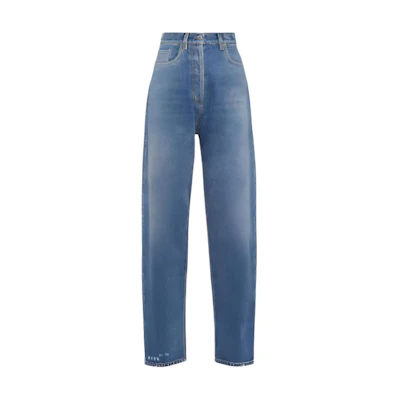 (Women) PRADA High-Waisted Loose Fit Logo Denim Jeans in Light Blue. GFP479-13Z6-F0BAN-S-OOO