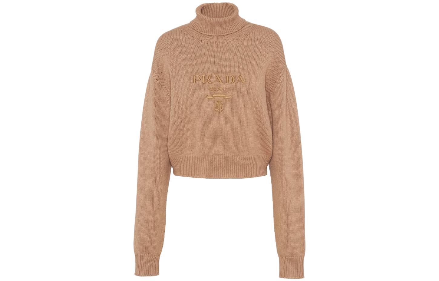 Order (W) PRADA Sweater Rajut Leher Tinggi Bordir Huruf Beige-Brown P26498-13LY-F0040-S-232