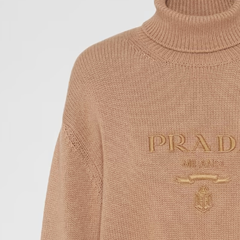 Sizing (W) PRADA Sweater Rajut Leher Tinggi Bordir Huruf Beige-Brown P26498-13LY-F0040-S-232