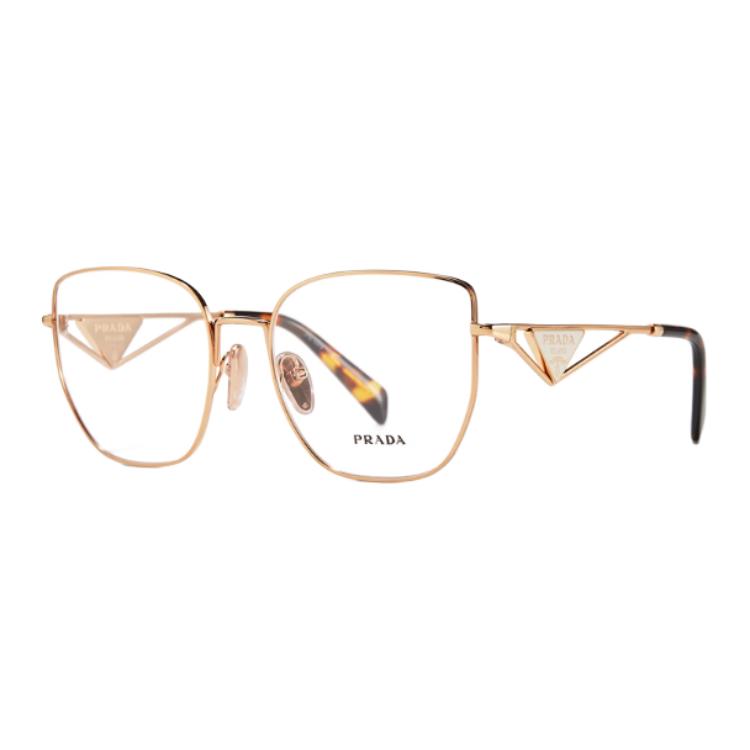 Shop (Women) PRADA  Irregular Optical Glasses Gold/Black/White Triangular Temple Design. 0PRA54VD