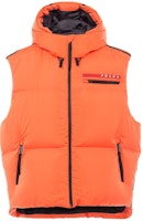 (Women) PRADA Orange Hooded Logo Down Vest with Multi-Pockets and Zipper. 29L985-1ZT6-F0049-S212 (Women) PRADA Orange Hooded Logo Down Vest with Multi-Pockets and Zipper. 29L985-1ZT6-F0049-S212