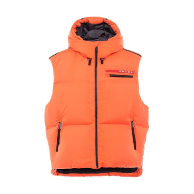 (Women) PRADA Orange Hooded Logo Down Vest with Multi-Pockets and Zipper. 29L985-1ZT6-F0049-S212