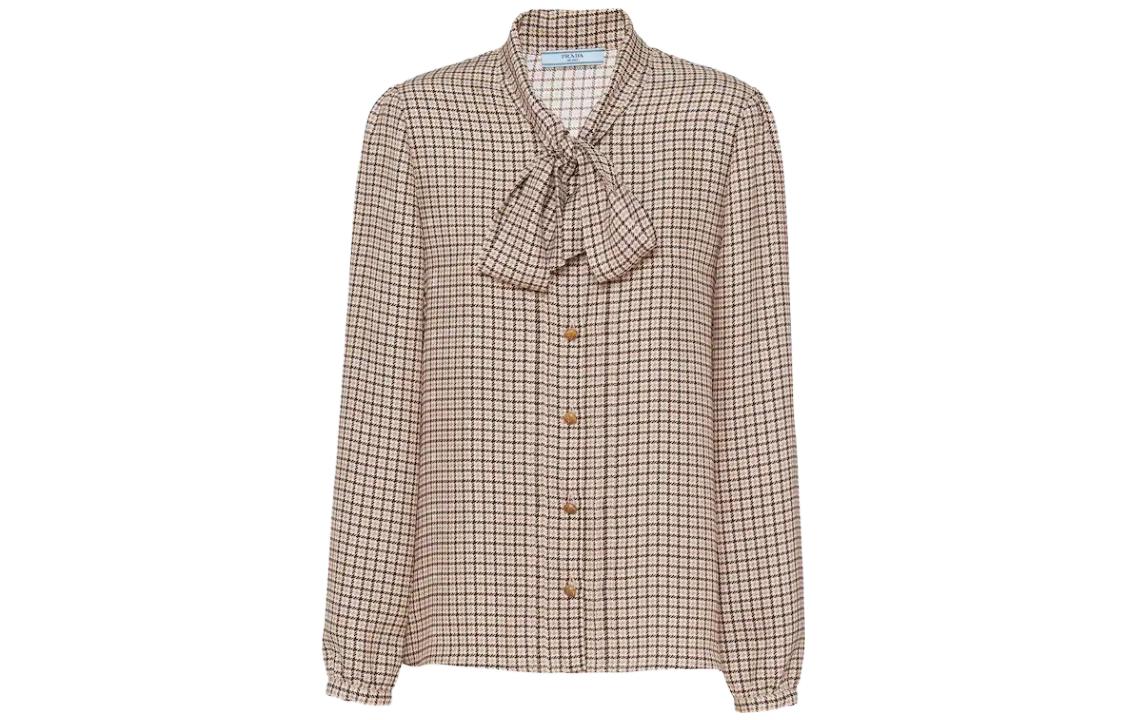(Women) PRADA  Plaid V-Neck Tie Long-Sleeve Shirt Light Brown P470G-13J3-F0324-S-232