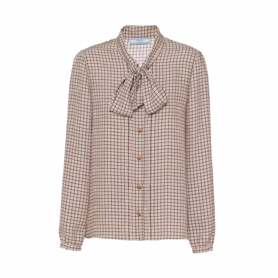 (Women) PRADA Plaid V-Neck Tie Long-Sleeve Shirt Light Brown P470G-13J3-F0324-S-232