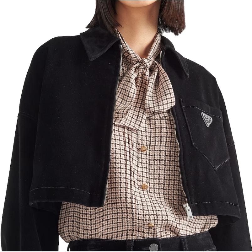 (Women) PRADA  Plaid V-Neck Tie Long-Sleeve Shirt Light Brown P470G-13J3-F0324-S-232 圖 4