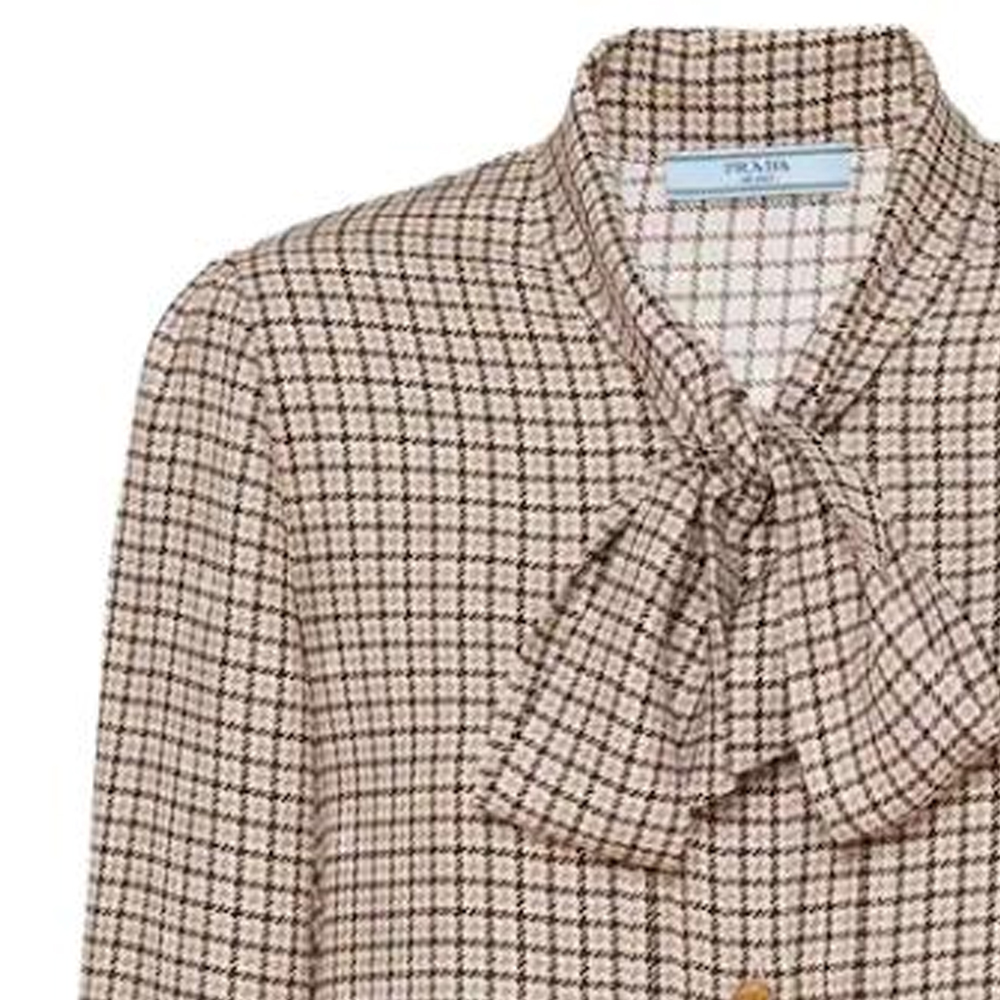 (Women) PRADA  Plaid V-Neck Tie Long-Sleeve Shirt Light Brown P470G-13J3-F0324-S-232 圖 7