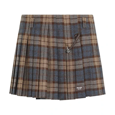 (Women) PRADA Plaid Wool Twill Low-Waist Casual Skirt - Brown. P106YE-15R7-F0005