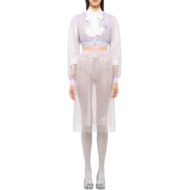 Lookbook (W) プラダ パープル ロゴ ショートカーディガン 長袖 ニットセーター. P444FR-1Z4T-F0014-S-221