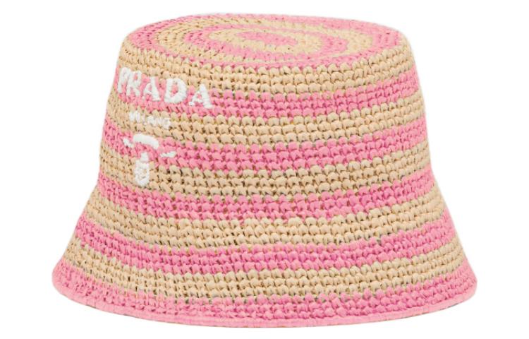 (Women) PRADA  Raffia Bucket Hat Brown/Tulip Pink. 1HC137-2D1N-F0NJX