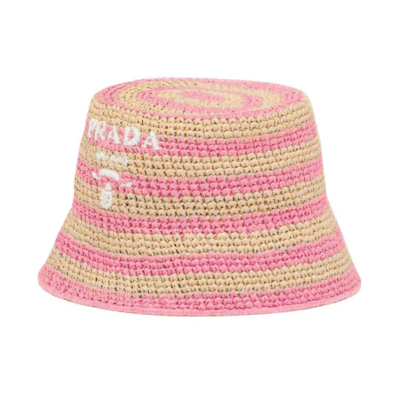 (Women) PRADA Raffia Bucket Hat Brown/Tulip Pink. 1HC137-2D1N-F0NJX