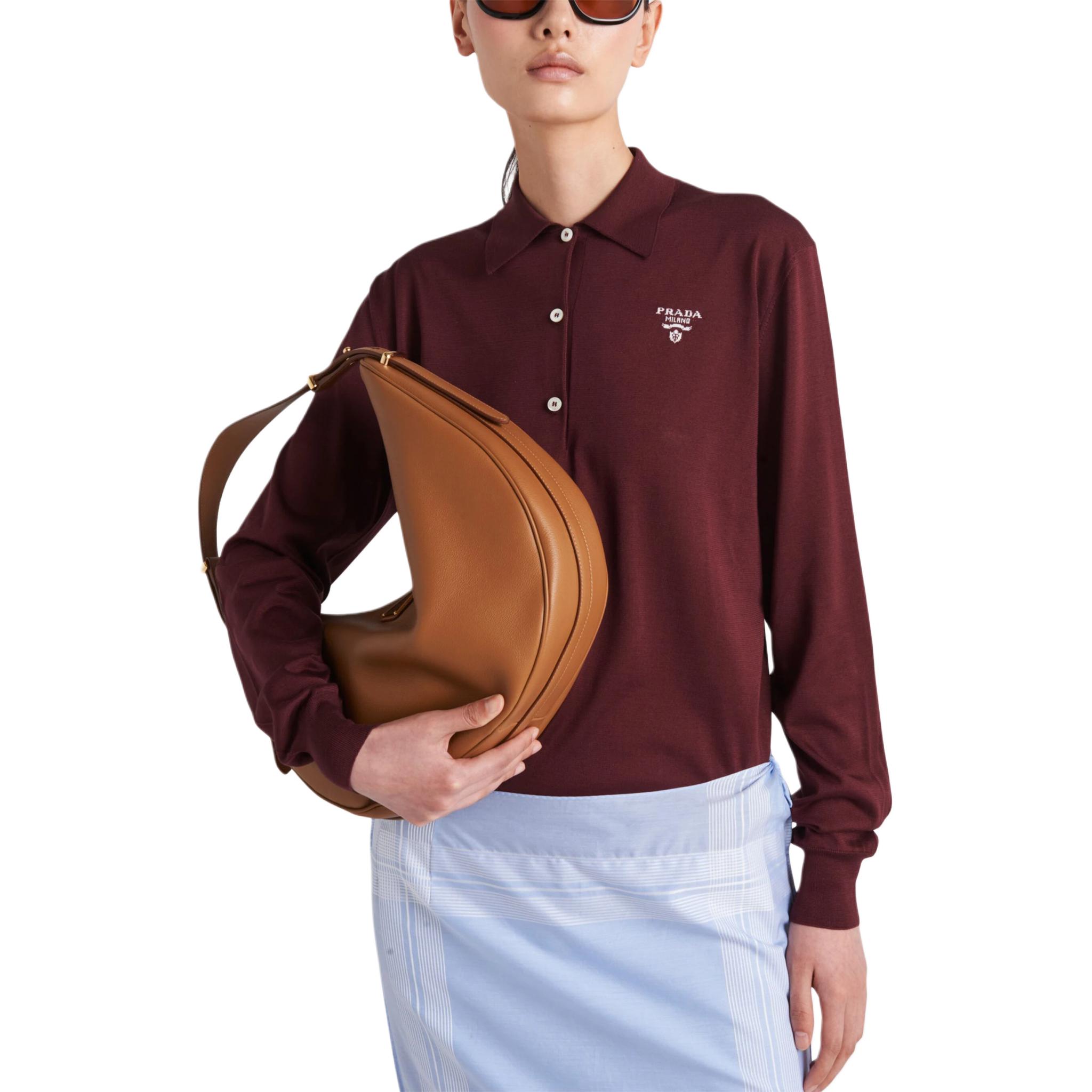 (Women) PRADA  Silk Button Long Sleeve Polo Shirt with Logo Embroidery Brown. P24G2O-15EY-F0399-S-OOO 圖 5