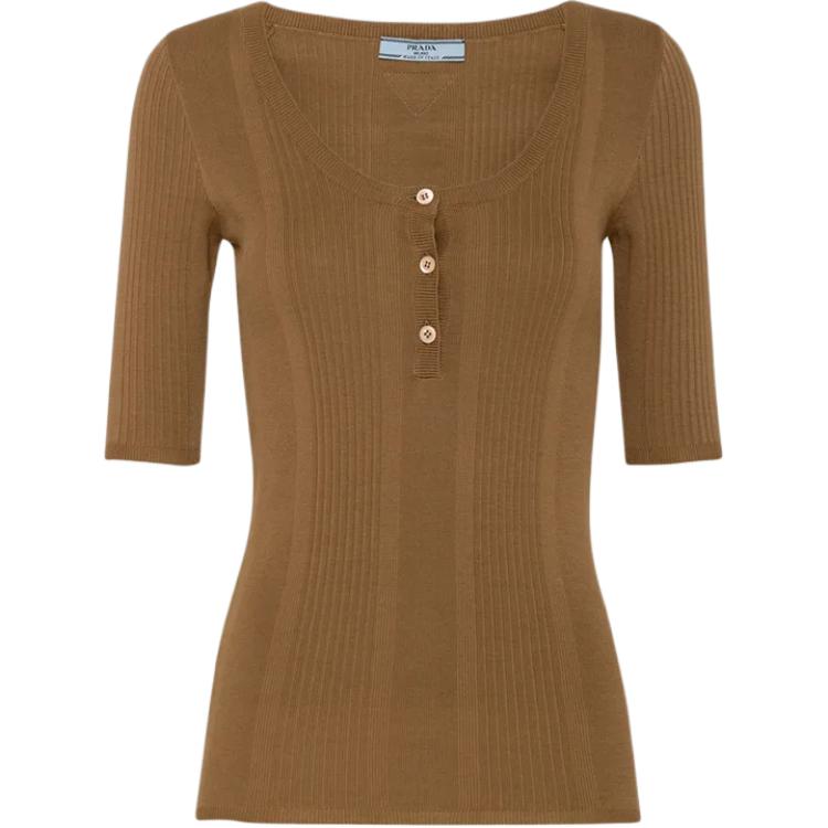 Order (W) PRADA Slim Fit Knit Lengan Pendek Leher Bulat Sweater Cokelat POIZON240621226