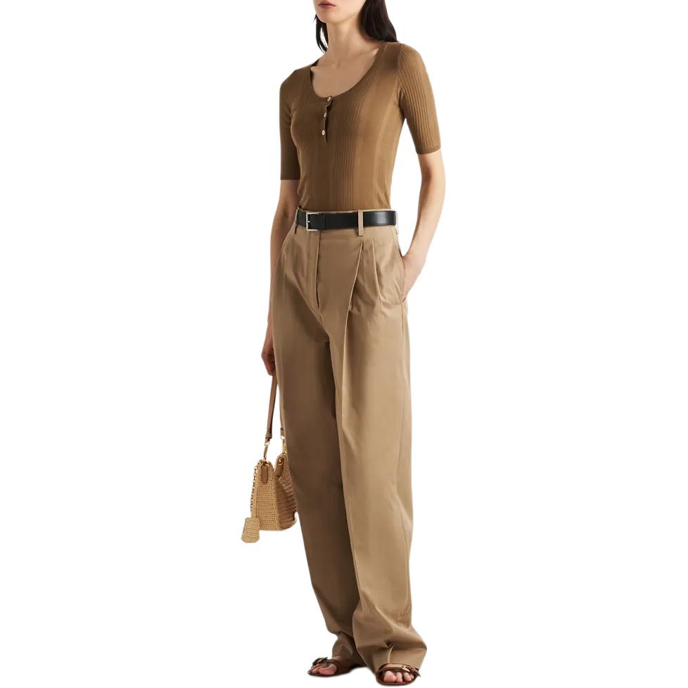 Lookbook (W) PRADA Slim Fit Knit Lengan Pendek Leher Bulat Sweater Cokelat POIZON240621226