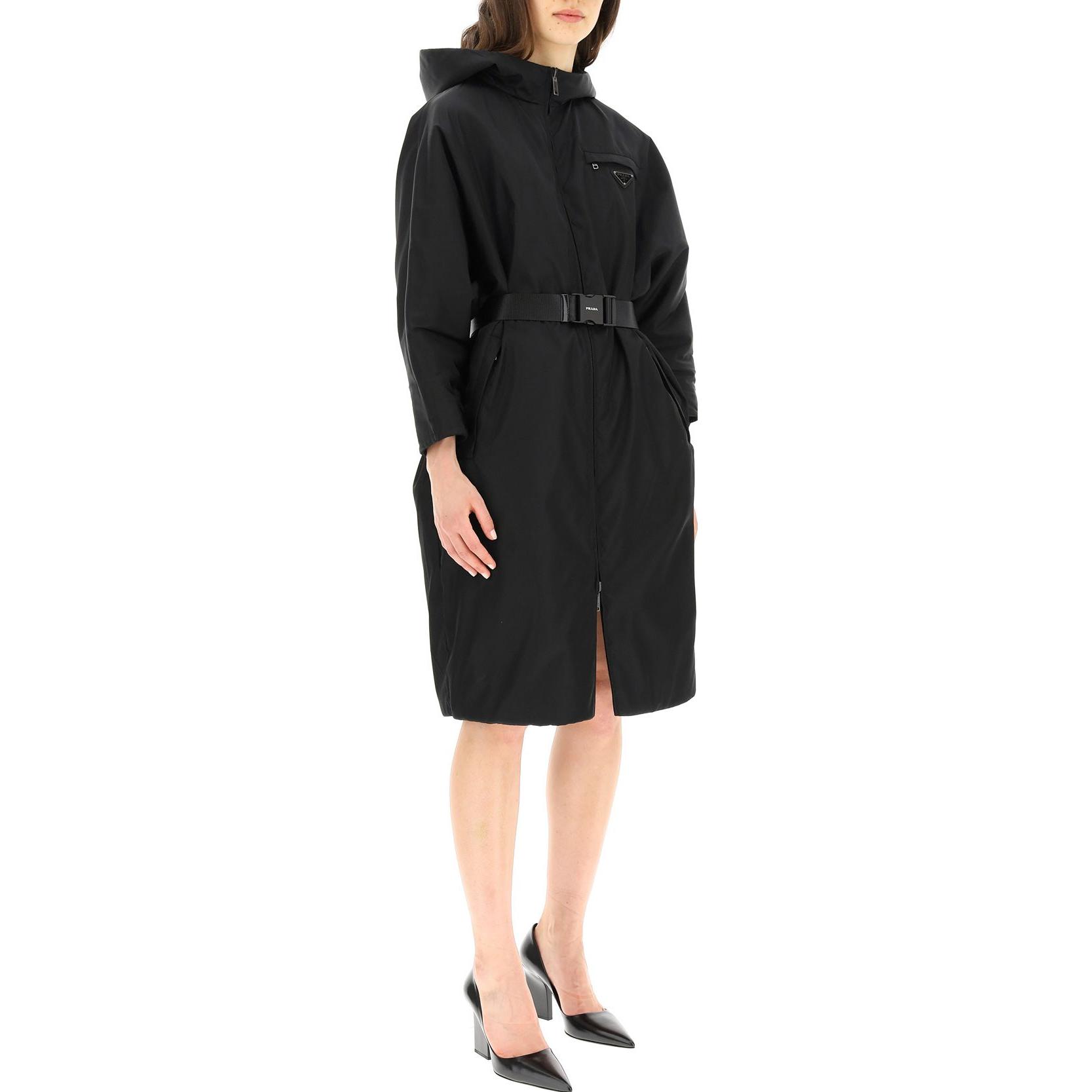 Shop (Women) PRADA  Solid Color Belted Waist Hooded Zip Coat P657OH-1YYM-F0806-S-212