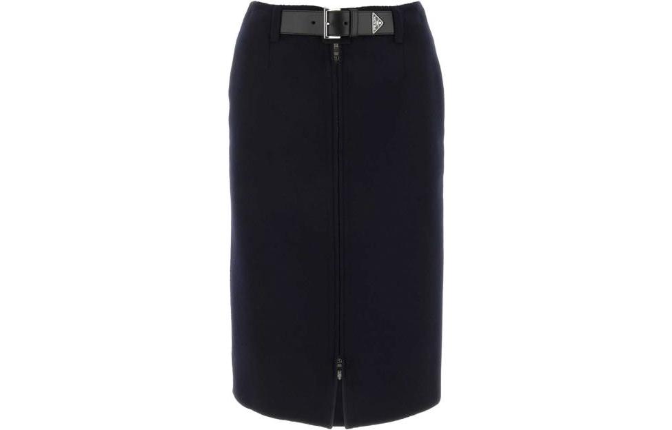 (Women) PRADA  Solid Mid-Waist Tie Mid-Length Skirt in Dark Blue P189VE-13FY-F0008