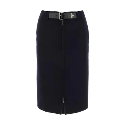 (Women) PRADA Solid Mid-Waist Tie Mid-Length Skirt in Dark Blue P189VE-13FY-F0008