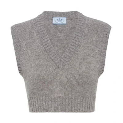 (Women) PRADA Solid V-Neck Knit Vest Gray P29989-10CE-F0031-S-221