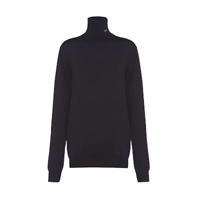 (Women) PRADA SS22 Wool Turtleneck Sweater with Triangle Logo Decor. P26439-100S-F0008-S-221