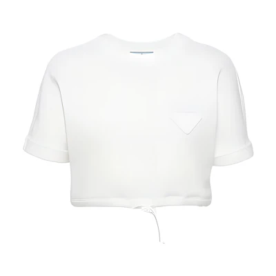 (Women) PRADA White Cotton Fleece Cropped Top with Logo Accent. 135717-113B-F0009-S-231