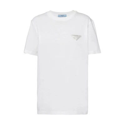 (Women) PRADA White Logo Crystal Embellished Short Sleeve T-Shirt. 35838RS16213X9-F0009