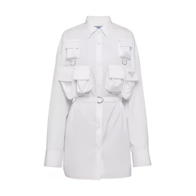 (Women) PRADA White Long-Sleeve Loose-Fit Shirt with Multiple Pockets P414H-1XV2-F0009-S-OOO