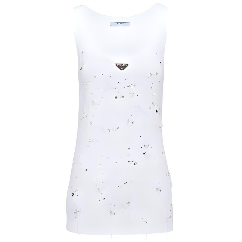 (Women) PRADA  White Sequin Logo Tank Top. 39546R-13X6-F0009-S-OOO