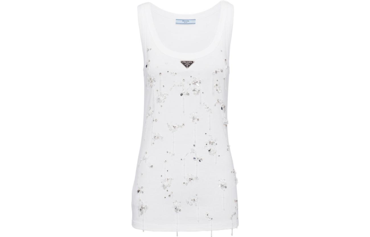 Order (Women) PRADA  White Sequin Logo Tank Top. 39546R-13X6-F0009-S-OOO
