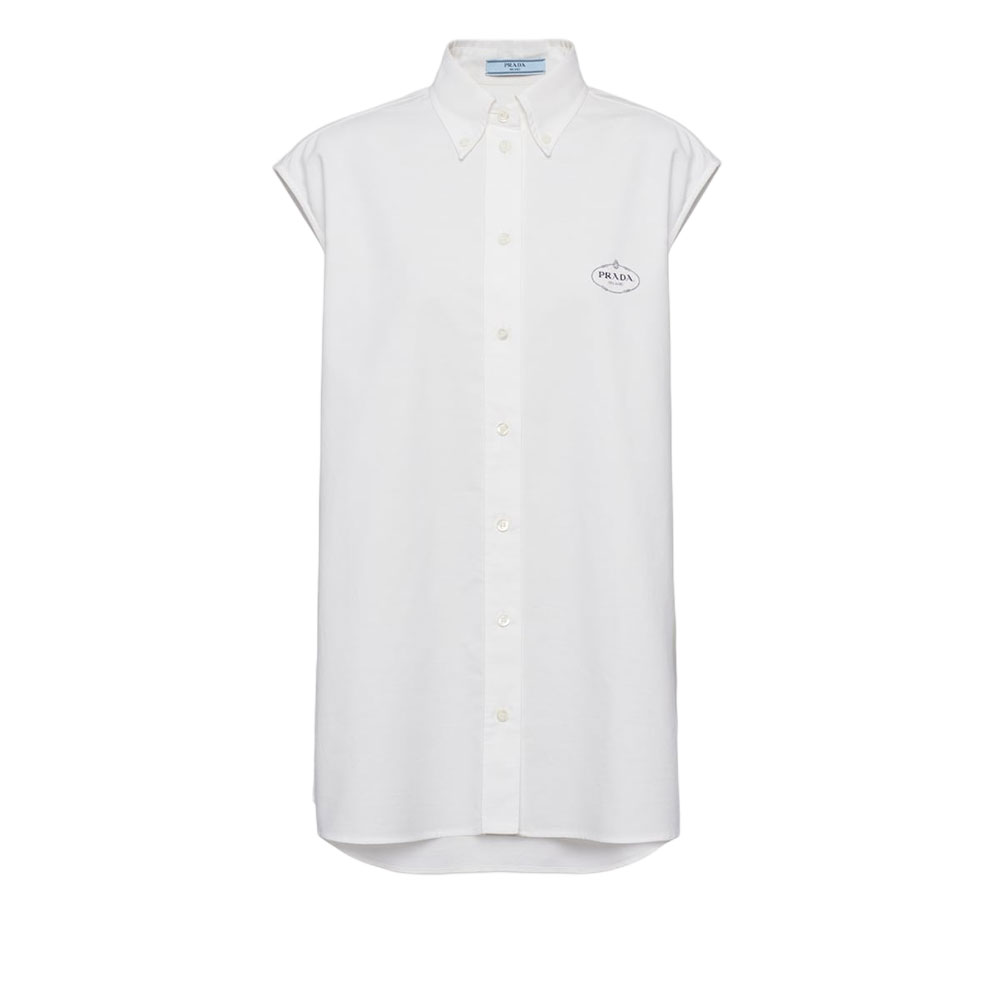 (Women) PRADA  White Sleeveless Shirt with Logo Print and Pointed Collar. P402HR-14JW-F0009