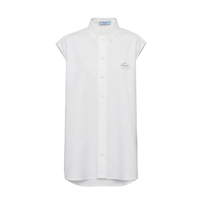 (Women) PRADA White Sleeveless Shirt with Logo Print and Pointed Collar. P402HR-14JW-F0009