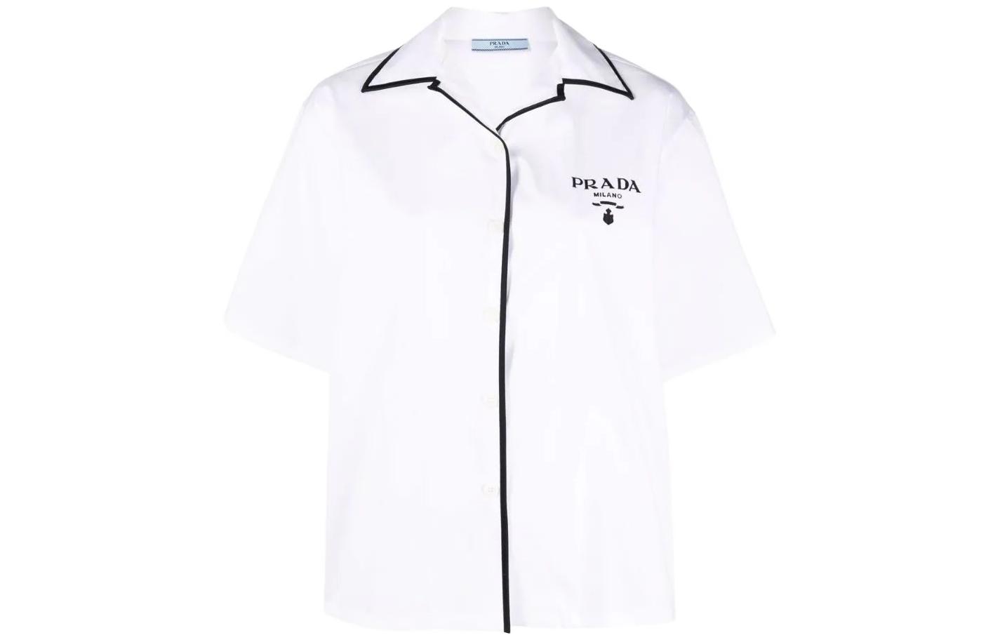 (Women) PRADA  White Striped Logo Print Short-Sleeve Button-Up Sun Protection Shirt P433BRS182F62-F0009