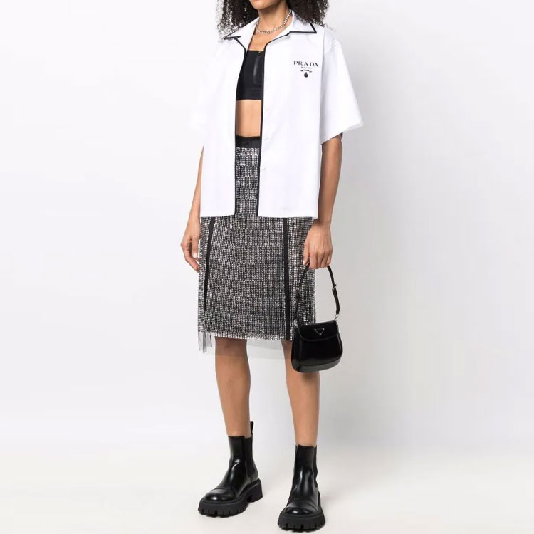 Lookbook (W) プラダ 白 ストライプ ロゴプリント 半袖 ボタンアップ サンプロテクションシャツ P433BRS182F62-F0009