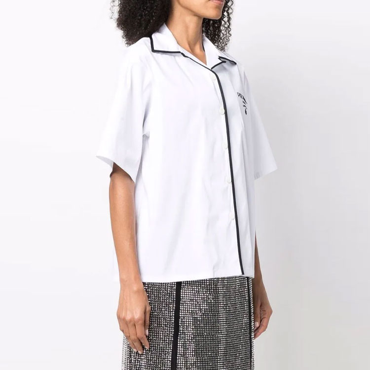 Shop (W) プラダ 白 ストライプ ロゴプリント 半袖 ボタンアップ サンプロテクションシャツ P433BRS182F62-F0009