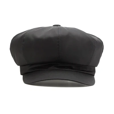 (Women) PRADA Black Cotton Beret with Triangle Metal Logo Design. 1HC551-2DMI-F0002