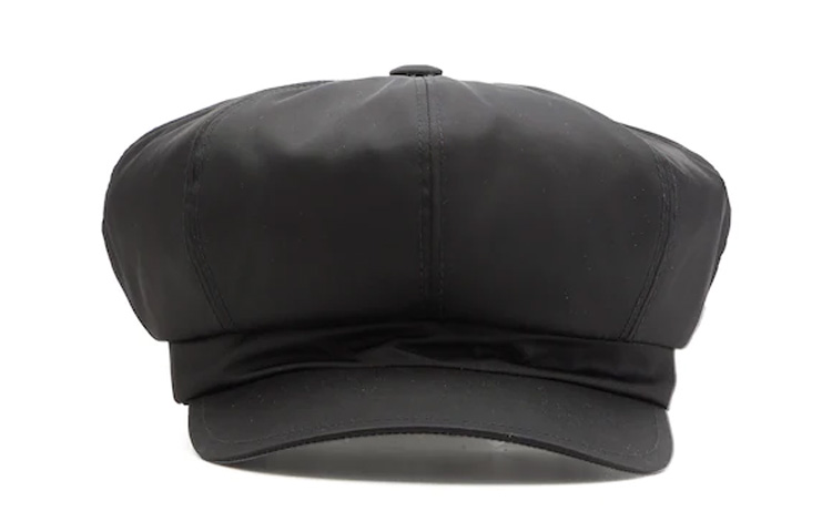 Order (Women) PRADA Black Cotton Beret with Triangle Metal Logo Design. 1HC551-2DMI-F0002