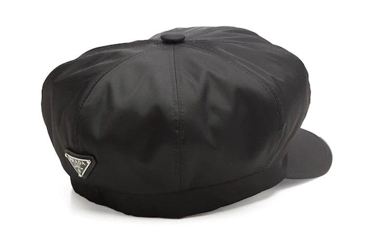 Lookbook (Women) PRADA Black Cotton Beret with Triangle Metal Logo Design. 1HC551-2DMI-F0002