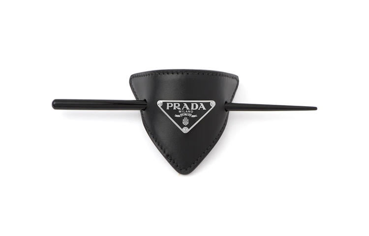 (Women) PRADA Black Leather Hair Clip with Enamel Metal Triangle Logo 1IF004-8NQ-F0002