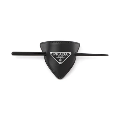 (Women) PRADA Black Leather Hair Clip with Enamel Metal Triangle Logo 1IF004-8NQ-F0002