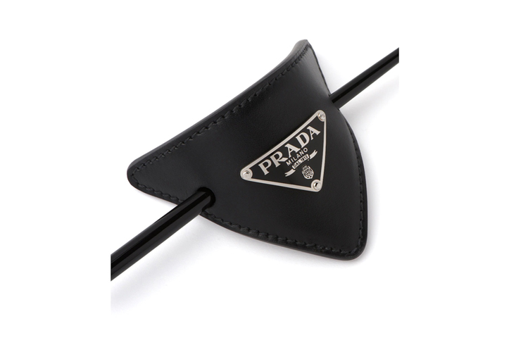 Lookbook (Women) PRADA Black Leather Hair Clip with Enamel Metal Triangle Logo 1IF004-8NQ-F0002
