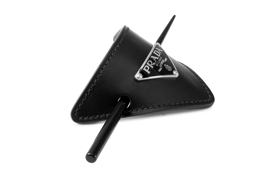 Details for (Women) PRADA Black Leather Hair Clip with Enamel Metal Triangle Logo 1IF004-8NQ-F0002