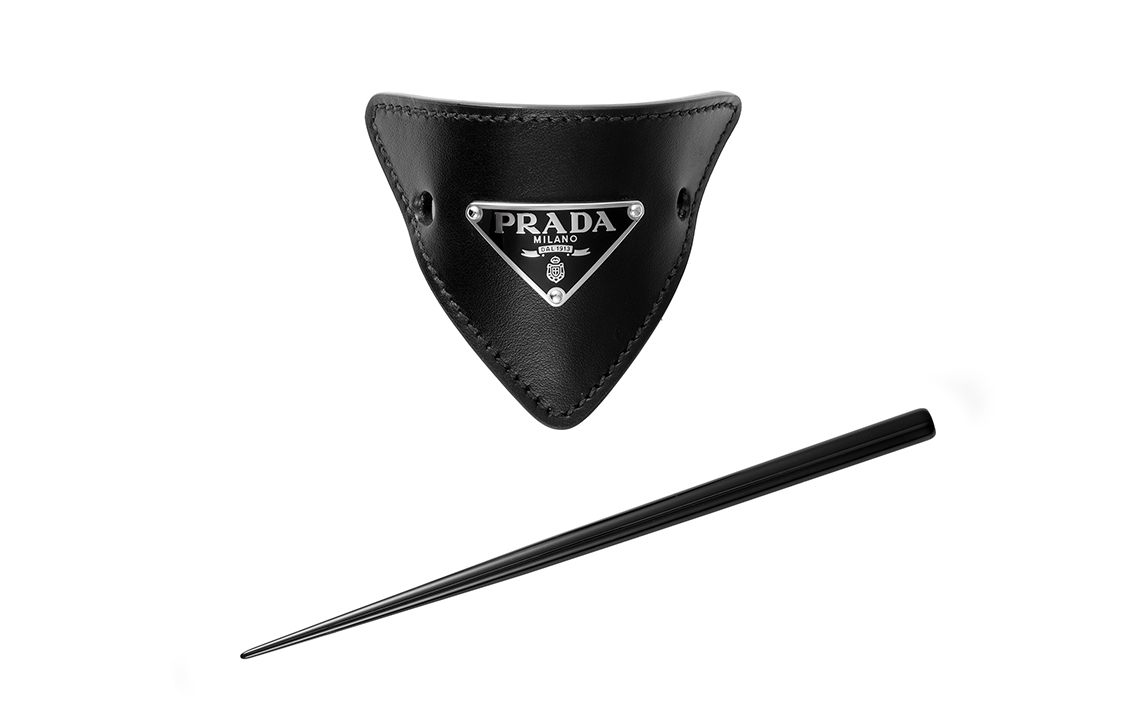 Sizing (Women) PRADA Black Leather Hair Clip with Enamel Metal Triangle Logo 1IF004-8NQ-F0002
