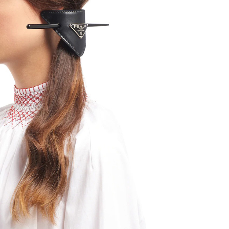 Cheap (Women) PRADA Black Leather Hair Clip with Enamel Metal Triangle Logo 1IF004-8NQ-F0002