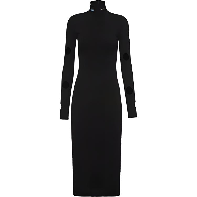 (Women) PRADA Black Long-Sleeve Midi Dress with Hollow Out High Neck Design 23843S2111YRO-F0002