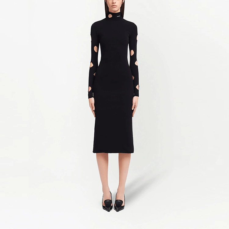 Lookbook (Women) PRADA Black Long-Sleeve Midi Dress with Hollow Out High Neck Design 23843S2111YRO-F0002