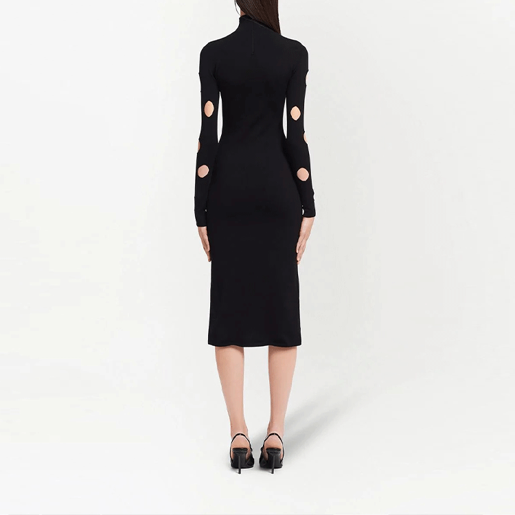 Shop (Women) PRADA Black Long-Sleeve Midi Dress with Hollow Out High Neck Design 23843S2111YRO-F0002