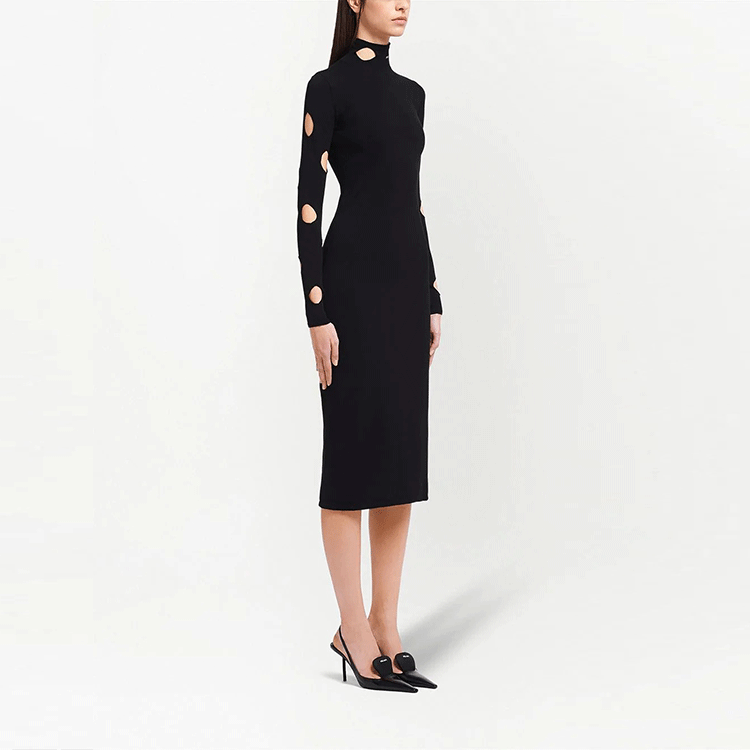 Purchase (Women) PRADA Black Long-Sleeve Midi Dress with Hollow Out High Neck Design 23843S2111YRO-F0002