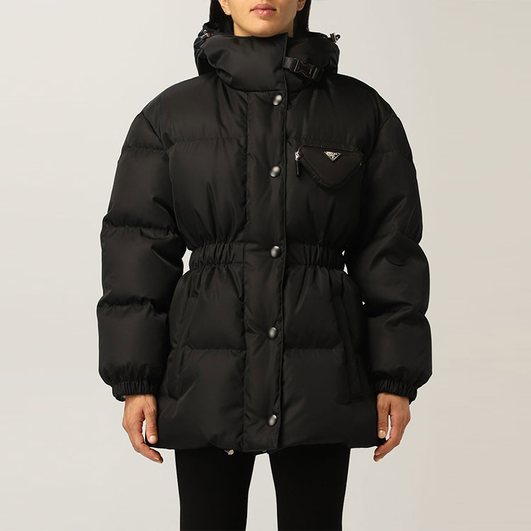 Shop (Women) PRADA Black Re-Nylon Fitted Puffer Jacket with Zip and Fleece Lining. 29Y966-1WQ8-F0002