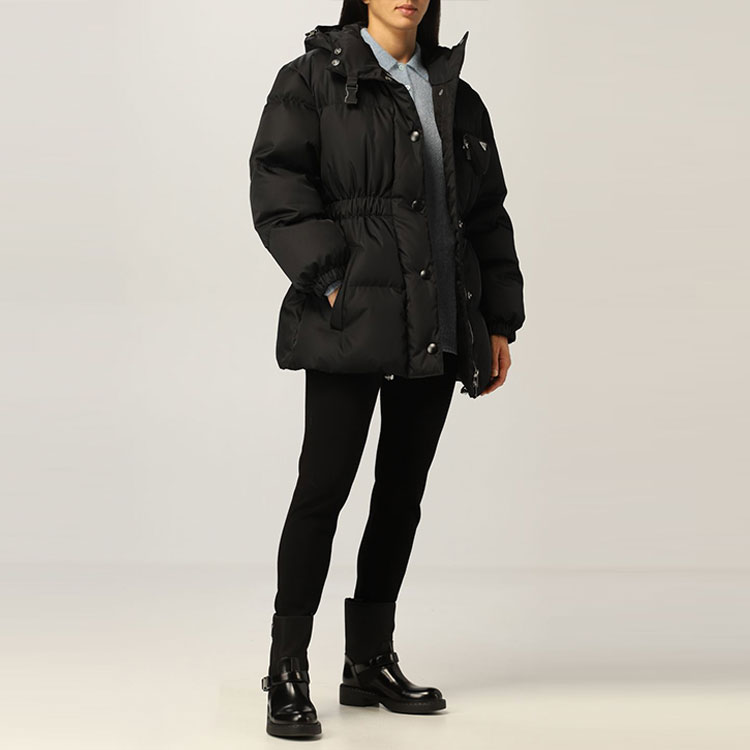 Sizing (Women) PRADA Black Re-Nylon Fitted Puffer Jacket with Zip and Fleece Lining. 29Y966-1WQ8-F0002