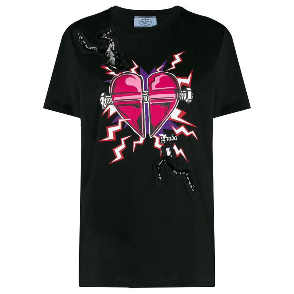 (Women) PRADA Black Red Heart Cotton Crewneck T-Shirt 35838R-1VAK-F0ZCW-S-162
